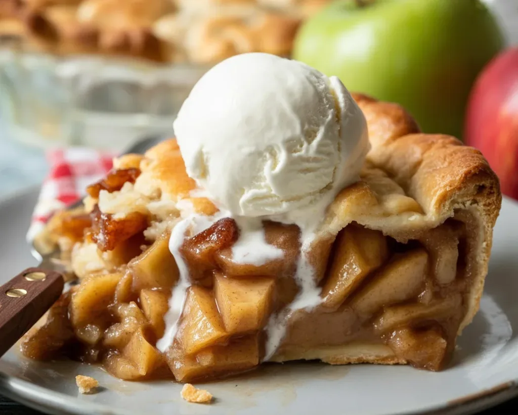 Classic American apple pie with fresh apples on a white plate garnished with cinnamon.