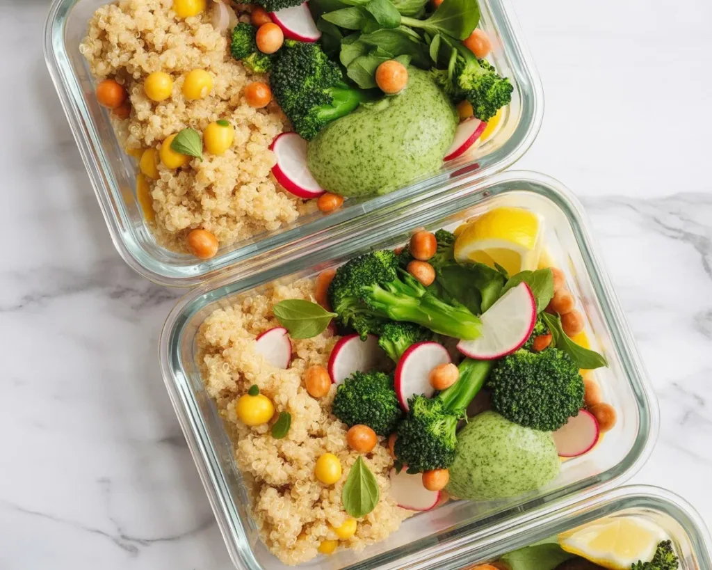 Healthy meal prep recipes for weight loss with fresh vegetables and grains.
