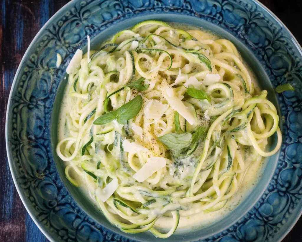 Garlic butter zucchini noodles topped with parmesan cheese in a skillet