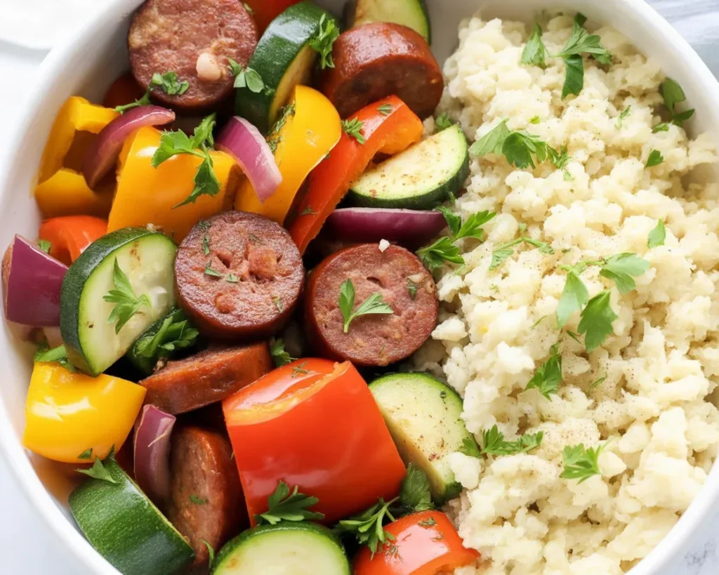 Air fryer chicken sausage with colorful vegetables ready in 20 minutes.