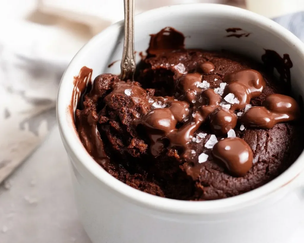Decadent Chocolate protein mug cake topped with melted chocolate chips, high in protein.