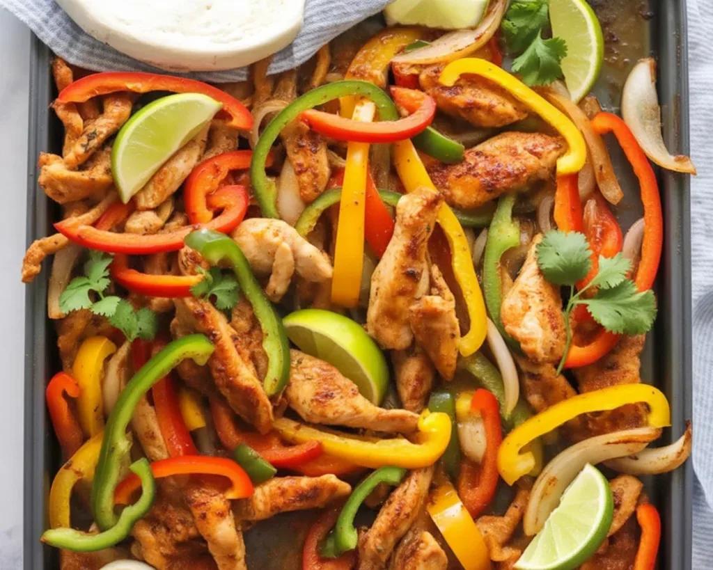 Delicious Sheet Pan Chicken Fajitas with chicken, bell peppers, and onions.