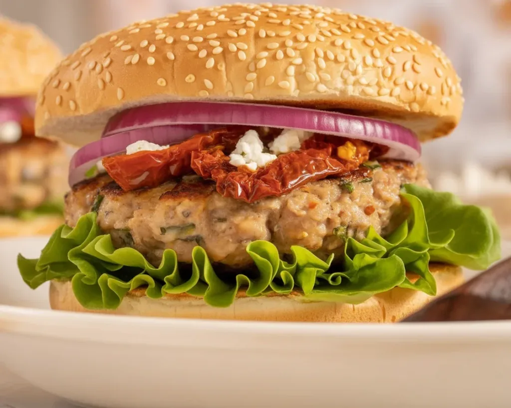 Sun-Dried Tomato Turkey Burgers garnished with fresh herbs and served on a bun.