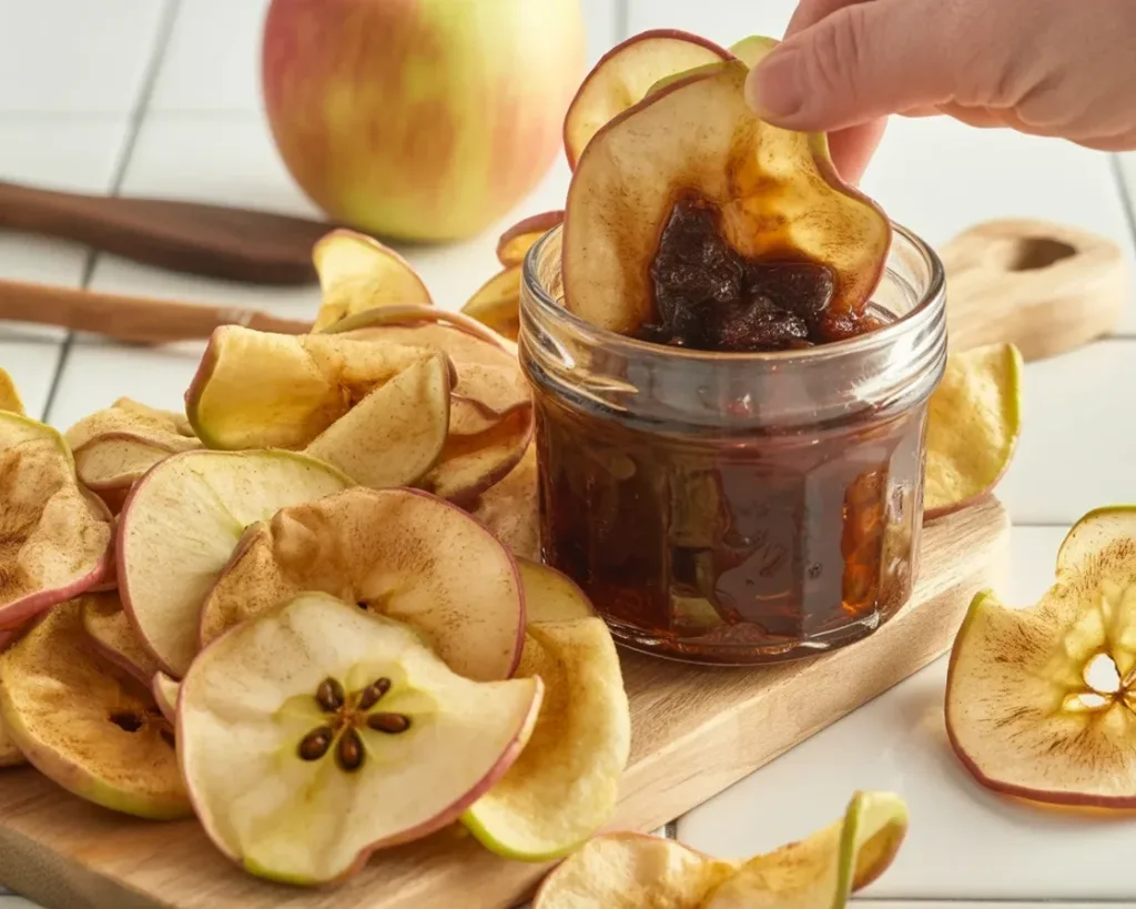 Healthy air fryer apple crisps made without sugar, perfect for a nutritious snack.